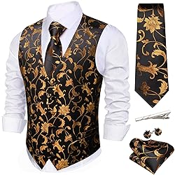 Barry.Wang Gold Black Vest for Men Silk Jacquard