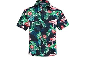 Yoimira Hawaiian Shirts for Boys, Button Down Short Sleeve Tropical Print, Kids Summer Beachwear Tops 7-14 Years
