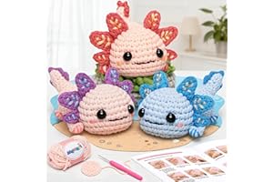 Mewaii Beginner Crochet Kit with 40% Extra Yarn, Pre-Started Yarn & Video Tutorials - 3 Axolotl Craft Set for Adults & Kids