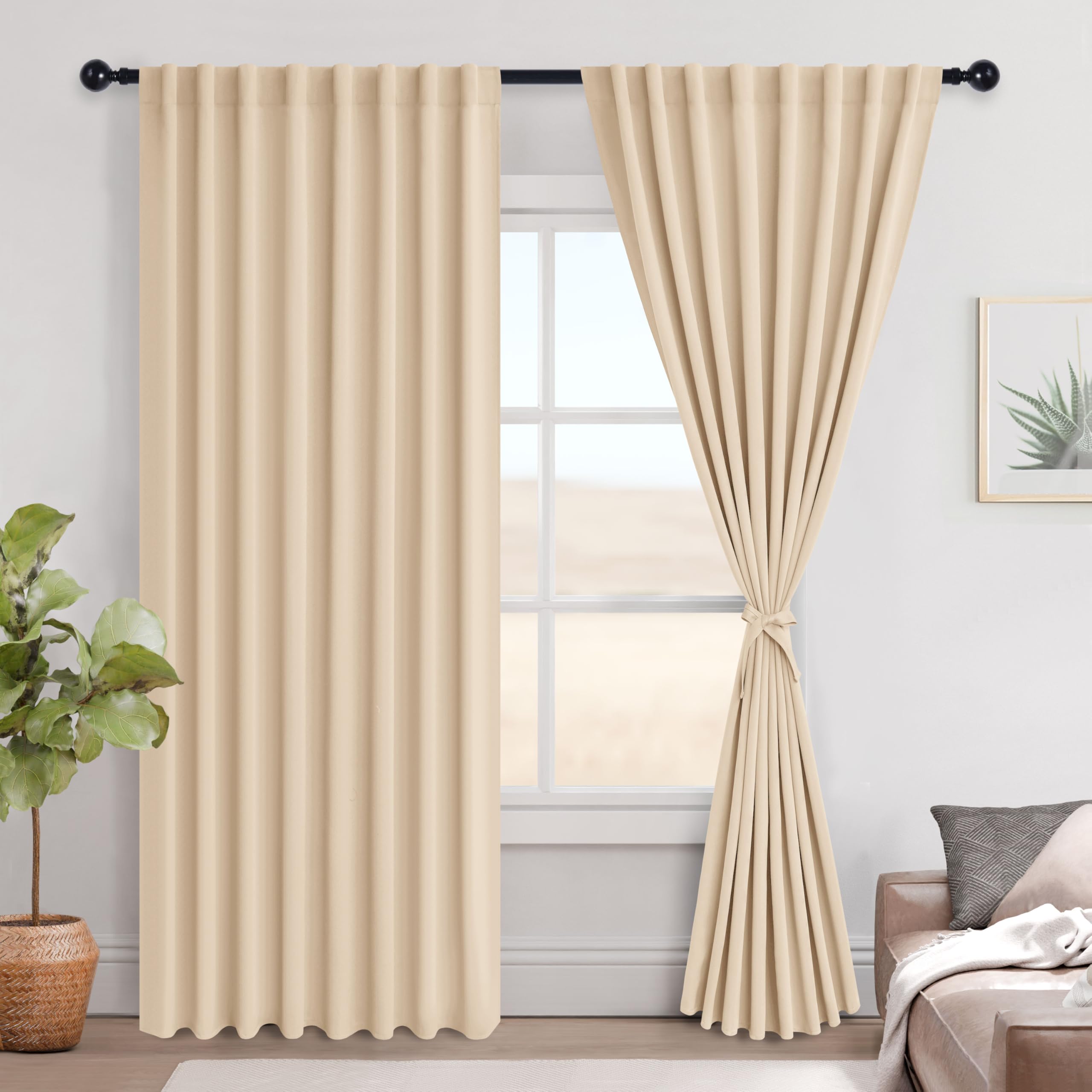 Photo 1 of Hiasan Beige Blackout Curtains 84 Inches Long Extra Wide Curtains for Living Room Rod Pocket Thermal Insulated Noise Reducing Blackout Drapes with Tiebacks,2 Panels,70" X 84"