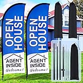 Buryeah 2 Pack Open House Flags Signs for Real Estate Agents Feather Flag Opening Signs Banner Set with Flagpole Ground Stake Portable Bag for Real Estate Business(Blue,7x5.4 ft)