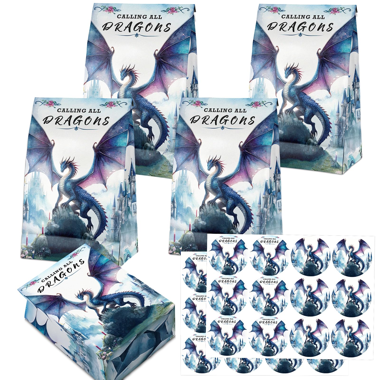 View 1 of 24 Pcs Dragon Goodie Bags with Stickers - Dragon Themed Birthday Party Favor Bags, Perfect for Kids' Dragon Party Supplies and Treat Bags