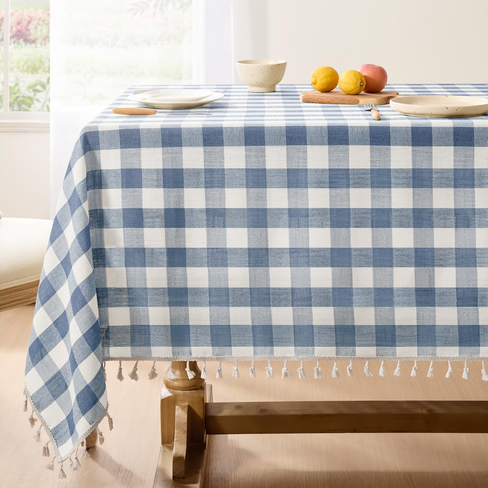 Photo 1 of Softalker Checkered Tablecloth Rectangle, Heavy Weight Linen Cotton Gingham Outdoor Table Cloth with Tassel, Washable Wrinkle Free Buffalo Plaid Table Cover for Dining/Party/Home - 55 x 120 Inch, Blue