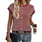 Saodimallsu Womens Striped Cap Sleeve Tops Button Crew Neck Roll Trim Loose Casual Knit Sweater Vest