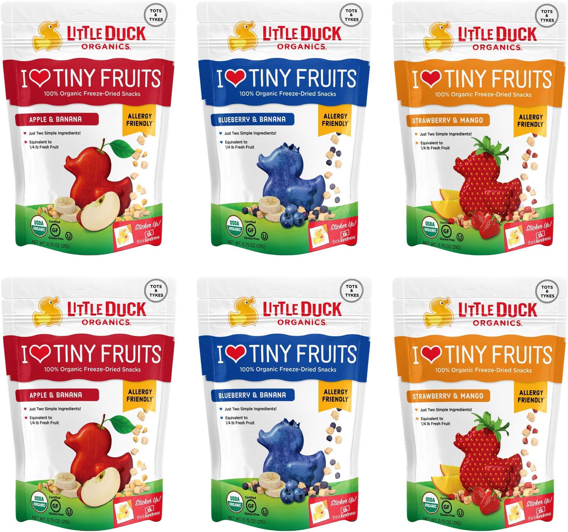 Little Duck Organics I Love Tiny Fruits, Variety Pack, 0.75 Ounce Pouch (Pack of 6) 2 Each: Apple/Banana, Strawberry/Mango, Blueberry/Banana