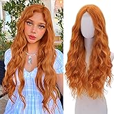 WECAN Orange Wig-Long Orange Wavy Wigs for Women Natural Curly Synthetic Wig Heat Resistant Fiber Wigs for Daily Party Use