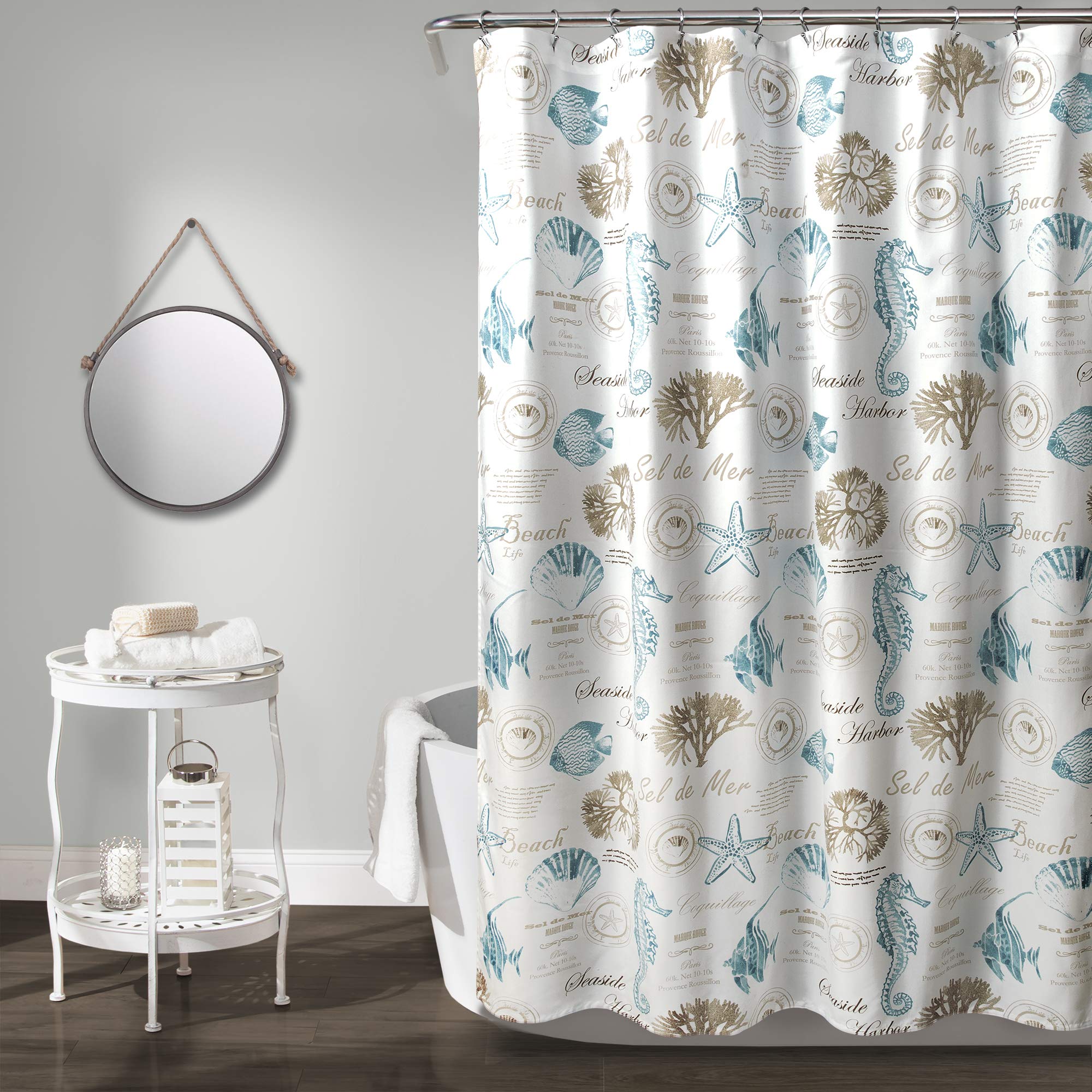 Lush Decor 72" W x 72" L Blue & Taupe Sea Life Shower Curtain, Coastal Bathroom Decor