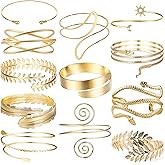 GIFIKOI 12 Pcs Arm Cuff Bracelets for Women Boho Upper Arm Bands Leather Armband Armlet Feather Cuff Bangle Bracelet Open Golden Arm Cuffs Set