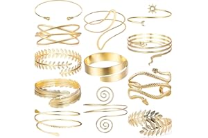 GIFIKOI 12 Pcs Arm Cuff Bracelets for Women Boho Upper Arm Bands Leather Armband Armlet Feather Cuff Bangle Bracelet Open Gold Arm Cuffs Set
