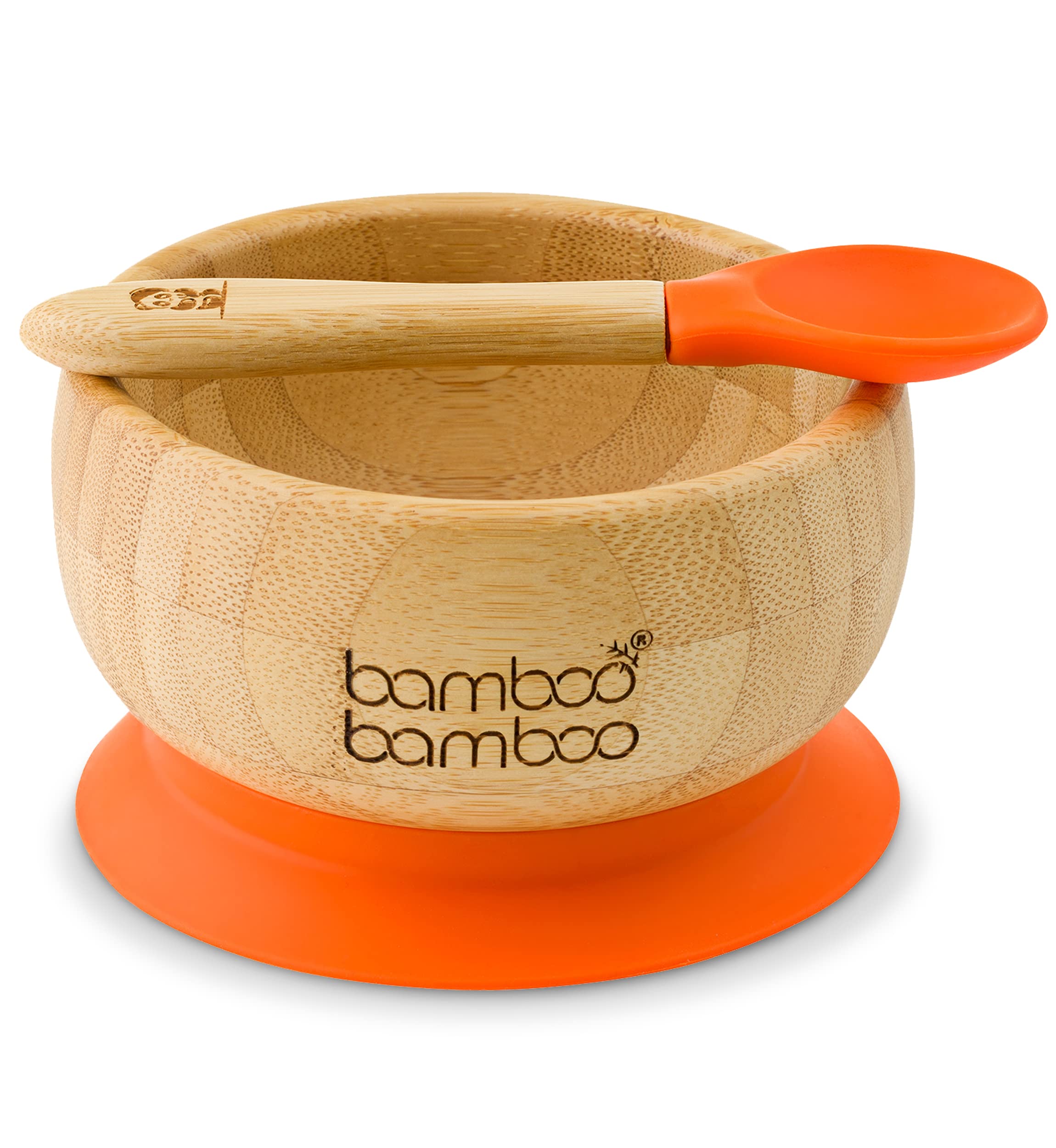 bamboo bamboo Baby Bowl and Spoon Set for Weaning, Bowl with Silicone Suction Ring, Toddler Bowls with Baby Spoon for Babies from 6 Months (Orange)