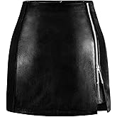 FLUFFY SENSE. Women's Leather Mini Skirt Stretchy High Waisted Zipper Slit Faux Pleather Bodycon Short Pencil Skirt