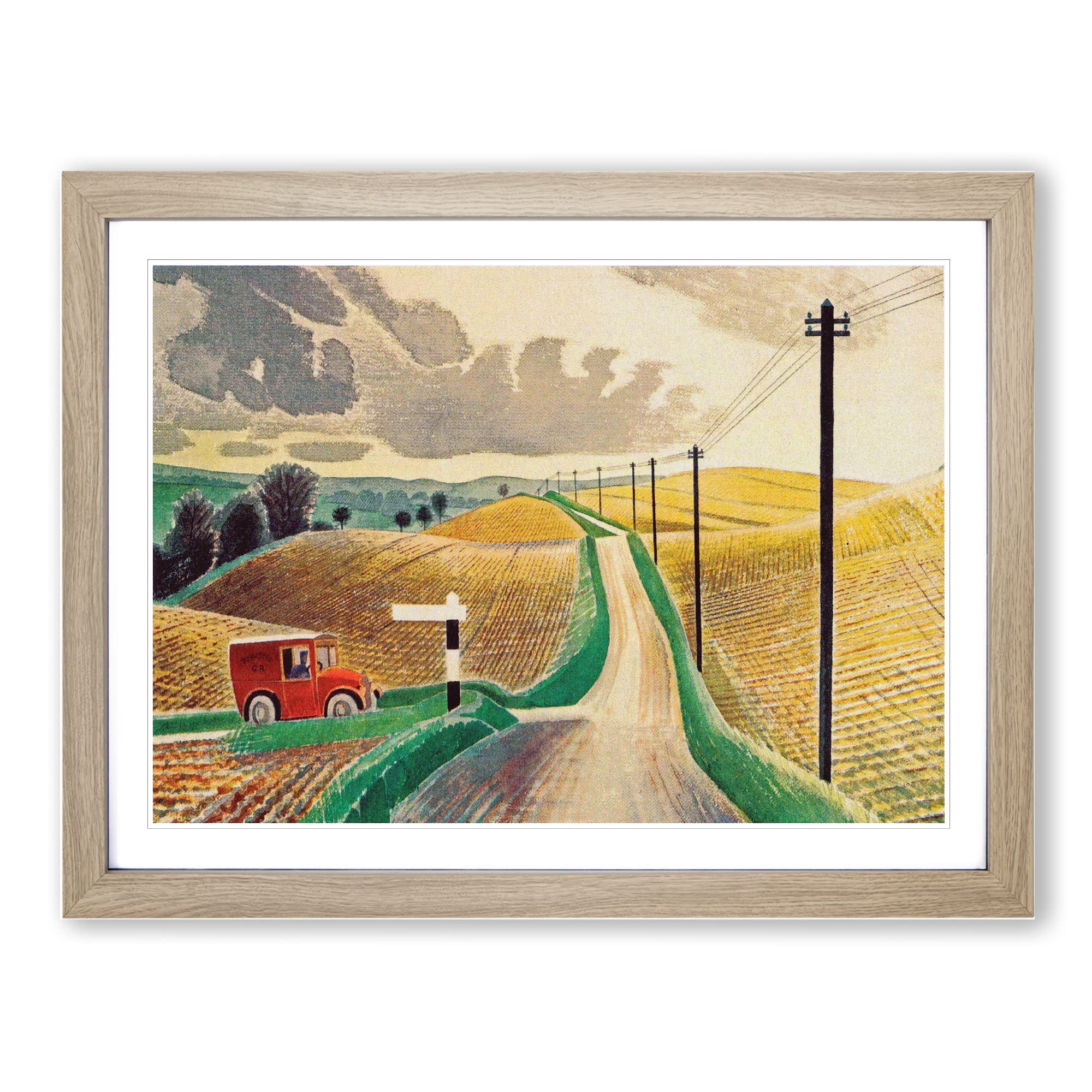 Eric Ravilious The White Horses of Wiltshire Classic Painting Framed Wall Art Print, Ready to Hang Picture for Living Room Bedroom Home Office Décor, Oak A4 (34 x 25 cm)