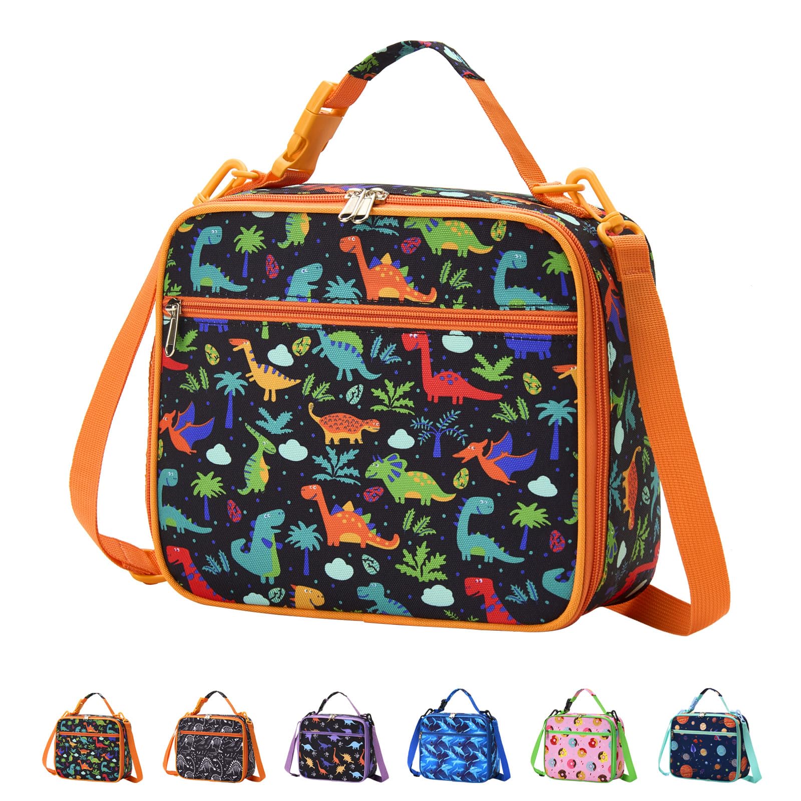 Pretty Jolly Mini Kids Lunch Box, Insulated Reusable Lunch Bag for Girls & Boys, Thermal Meal Container Tote with Shoulder Strap, Hot or Cold Snacks Lunchbox for School,Work,Picnic (Dinosaur-O)