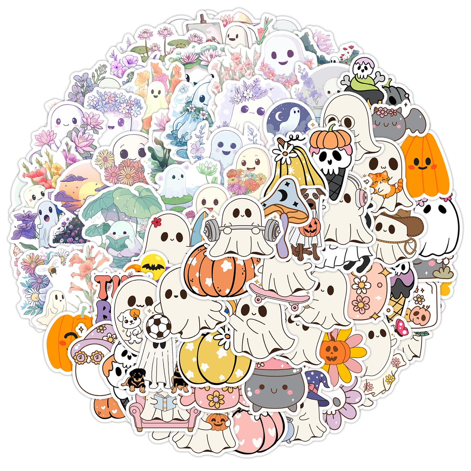 Photo 1 of 100pcs Cute Cartoon Ghost and Flower Stickers for Laptop,Ghost and Pumpkin Theme Sticker Kawaii Style Vinyl Waterproof Holiday Party Stickers, Halloween Deal for Kid Teen Adult Party (Hc)