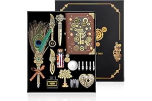 TIANREN Feather Pen Ink set,Quill Pen Feather Dip Pen with 1 Bottle of Black Ink,Wax Beads,White Wax,Replaceable Nibs,Stamp Leather Notebook Calligraphy Pen set for Holiday Gift Christmas Gifts.