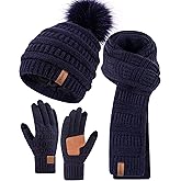 Womens Winter Beanie Scarf Gloves Set, Pom Pom Hat with Warm Fleece Lined Long Knit Scarf Touchscreen Gloves for Cold Weather
