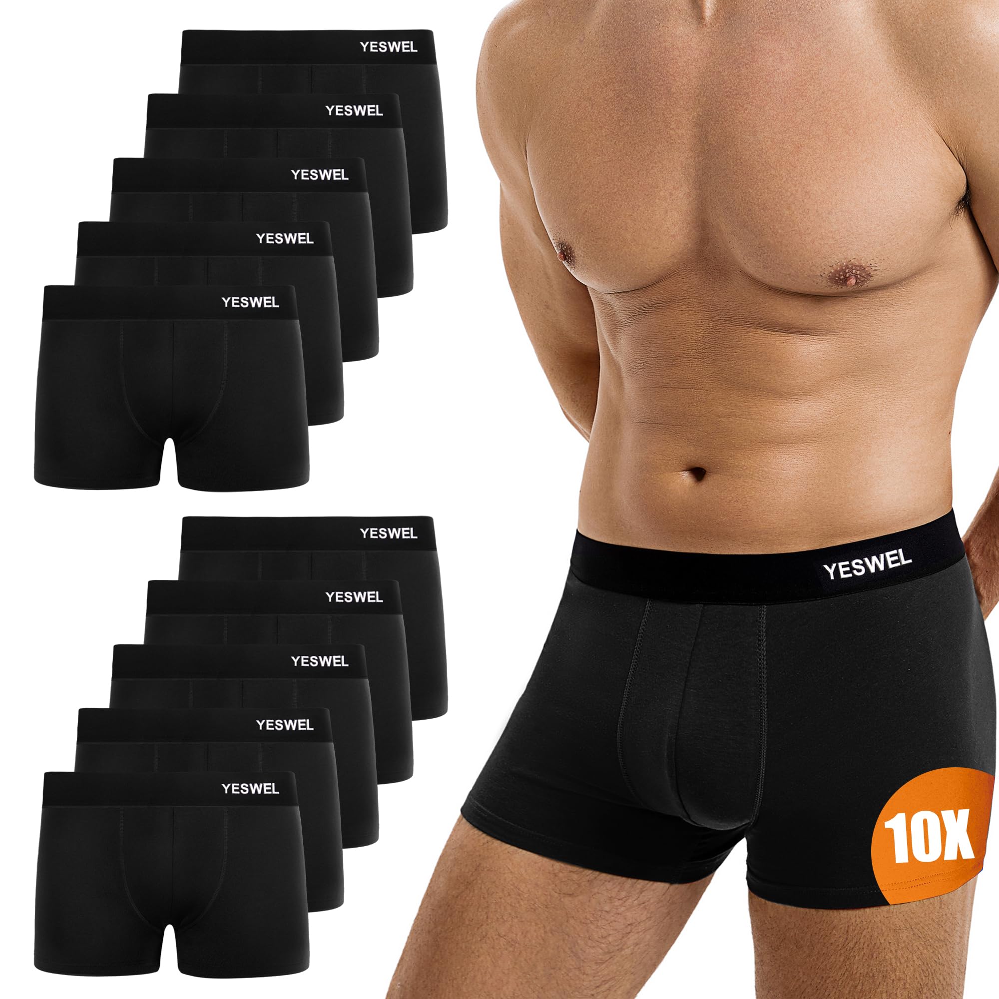 YESWEL Boxershorts Herren 10er Pack, Ohne Kratzenden Zettel Unterhosen Unterwäsche, Baumwolle Retroshorts für Männer (10x Schwarz, M)