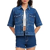 Ladyful Short Sleeve Denim Jacket for Women Lightweight Cropped Button Summer Down Jean Jacket Coat