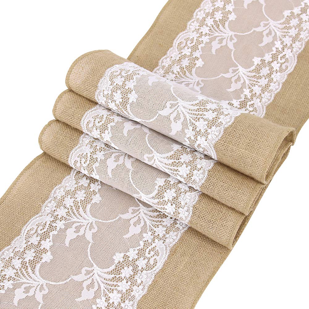 Time to Sparkle 30x275cm Jute Hessian Table Runners Lace Rustic Burlap Sewed Edge Wedding festival party event decorations (Jute Lace Middle)