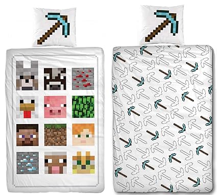 Familando Wende Bettwäsche-Set Minecraft, 135x200cm + 80x80cm, 100% Baumwolle, Motiv Defeat Blöcke TNT