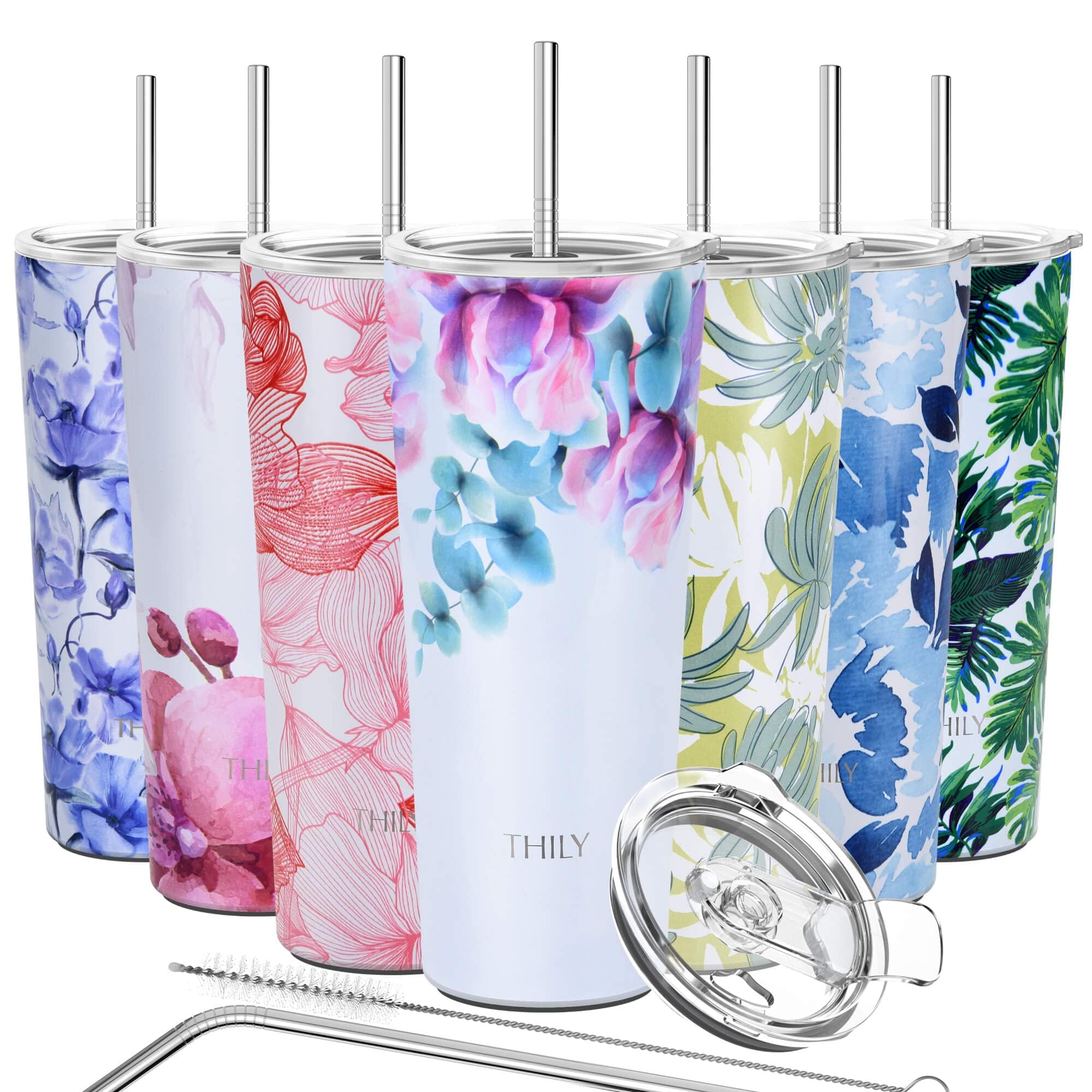THILY Stainless Steel Vacuum Insulated Tumbler Travel Mug 26 oz Coffee Cup with 2 Lids and Straws, Splash Proof, Keep Ice Drinks Cold, Pink Lilies — image 1