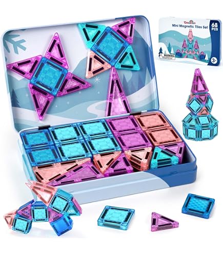 42 Tuiles Magnétiques Pailletées Roses – Kit Construction Magnétique Voyage Filles 3 Ans+ – Boîte Métal Base Intégrée Bloc Magnetique