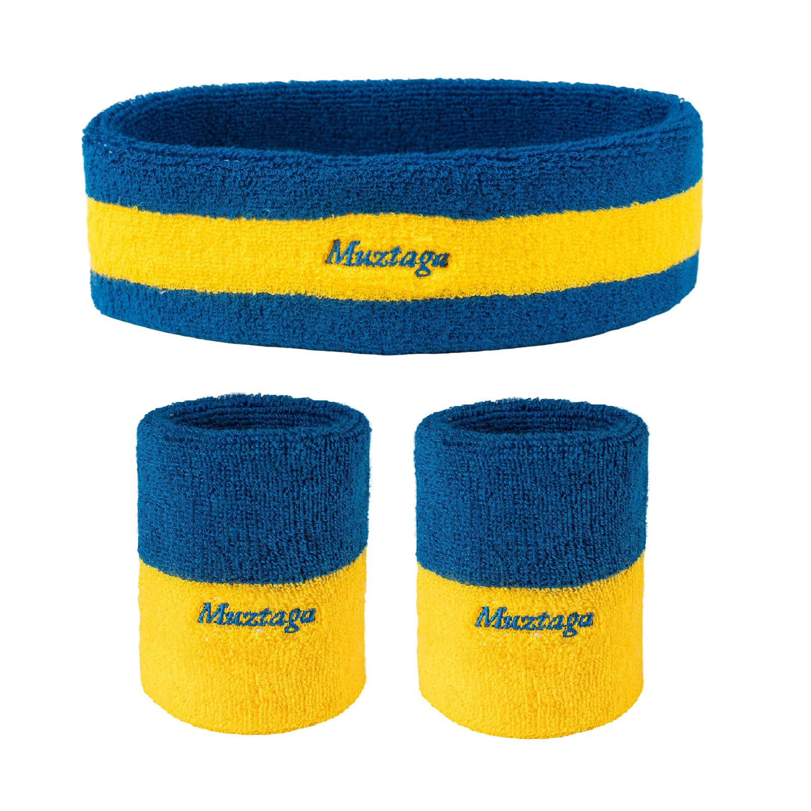 Photo 1 of [3-Piece Set] Sweatbands for Men & Women - Includes 1 Headband & 2 Wristbands - Blue & Yellow Terry Cloth Athletic Sweat Bands - Moisture Wicking for Basketball, Tennis, Gym, Running