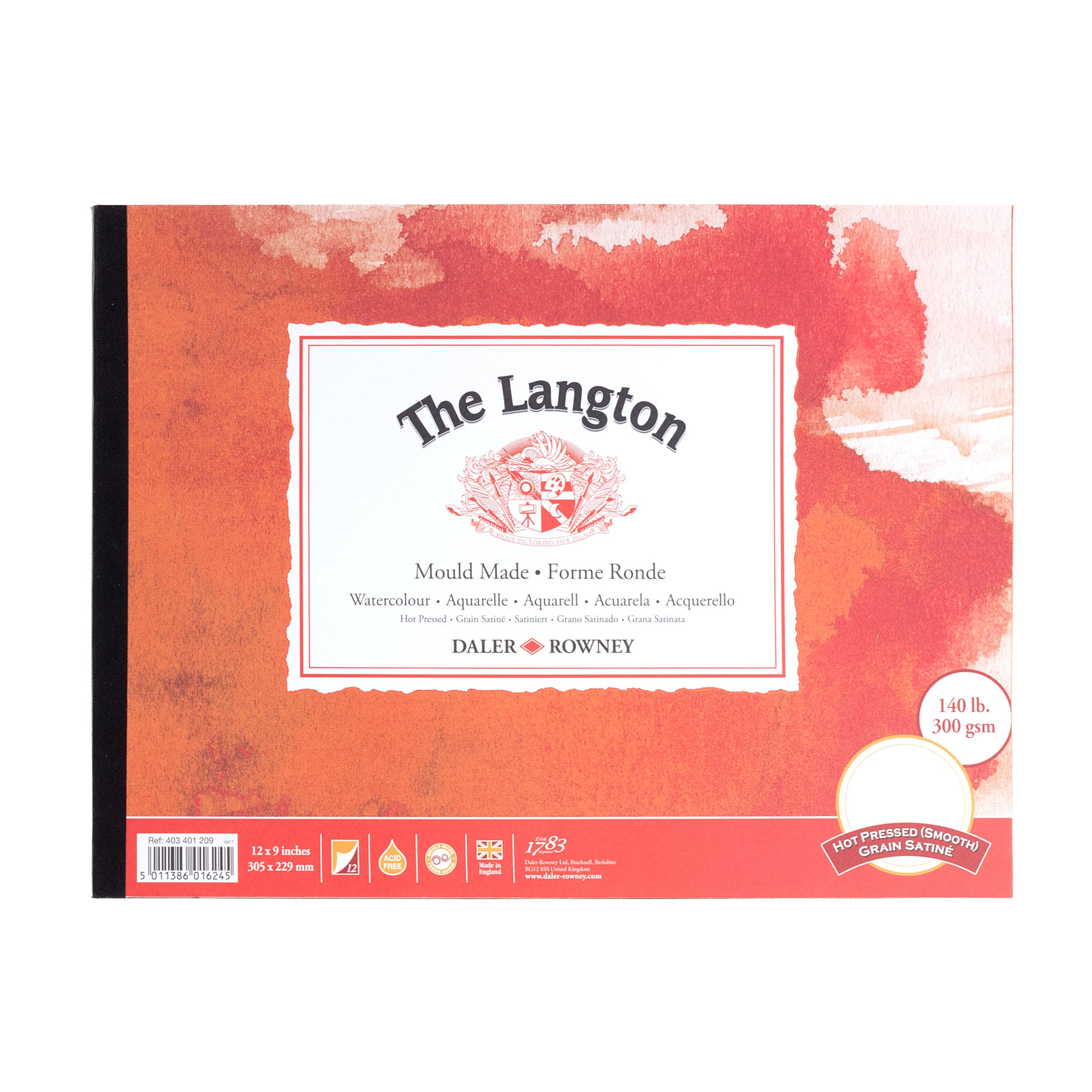Daler-Rowney The Langton Hot-Pressed 300gsm 12 x 9in Watercolour Paper Pad, Glued 1 Side, Acid-free, 12 Natural White Sheets, Ideal for Professional Artists