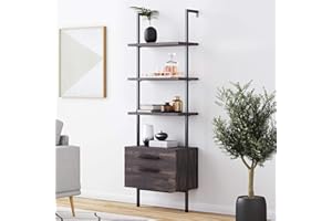 Nathan James Theo Industrial Bookshelf with Wood Drawers and Matte Steel Frame, 3-Shelf, Nutmeg/Black