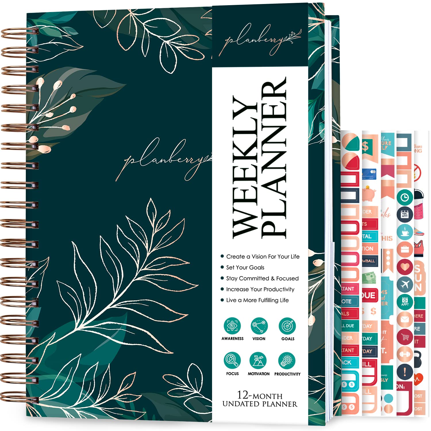 PLANBERRY Weekly Planner Large – Elegant Life & Budget Planner to Hit Your Goals & Live Happier - Organizer & Productivity Journal - 20x27cm Hardcover, Undated + Stickers Green Pastures — image 1