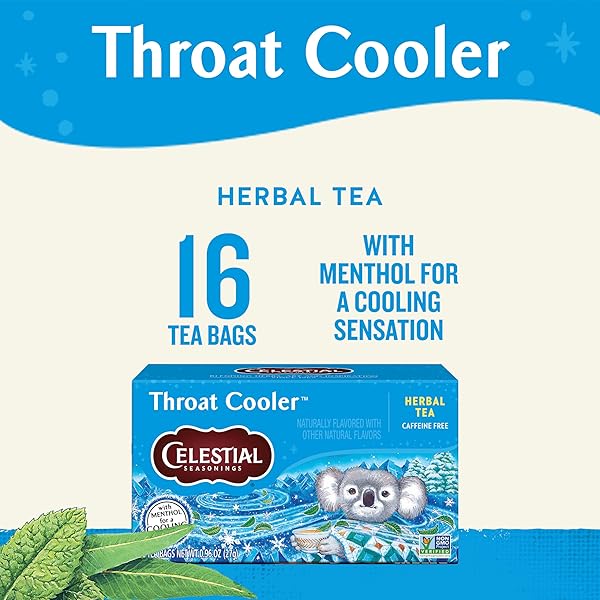 CELESTIAL SEASONINGS THROAT COOLER HERBAL TEA, CAFFEINE FREE, 16 TEA BAGS BOX