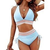 Blooming Jelly Women High Waisted Bikini Sets Tummy Control Swimsuits Color Block Two Piece Drawstring Bathing Suit