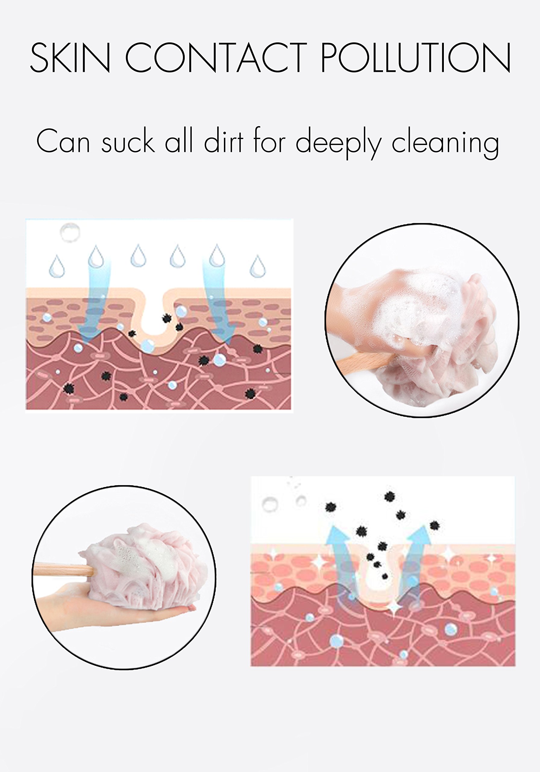 Bath Sponge & Brush Long Handled Loofah Back Scrubber Shower & Bath Exfoliating Pouf Scrubber on a Stick Body Back Brush with a Wood Handle Loofah Mesh for Men & Women By Krramel (PINK)