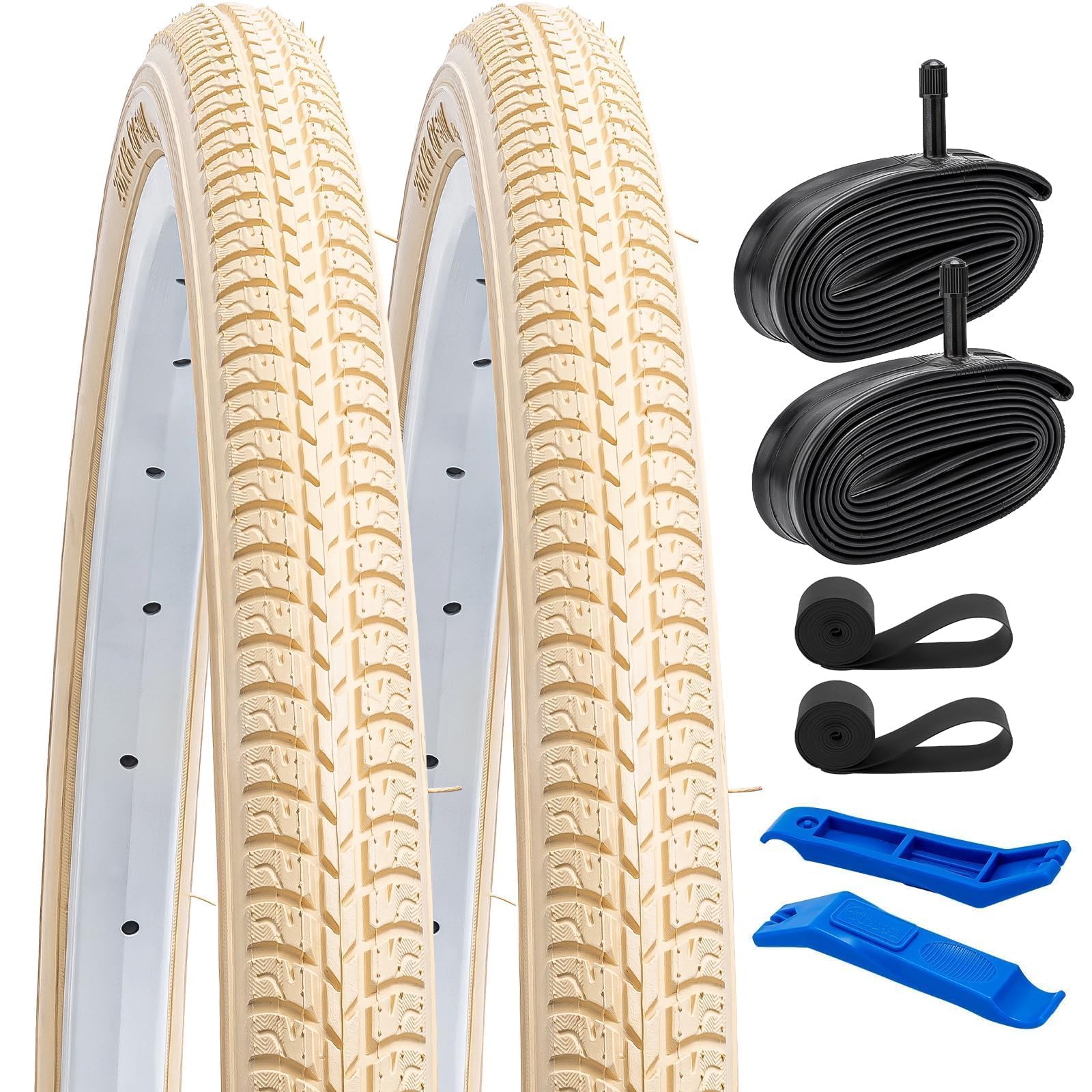 Photo 1 of 2-PCS 24x1 3/8 (37-540) Wheelchair Bike Tires and 24x1 3/8" Heavy Duty Bike Tubes Schrader Valve with 2 Rim Strips Compatible with Road Bike 24 x 1 3/8 24x1 3-8 Bicycle Tires and Tubes,Beige (Y-1071)