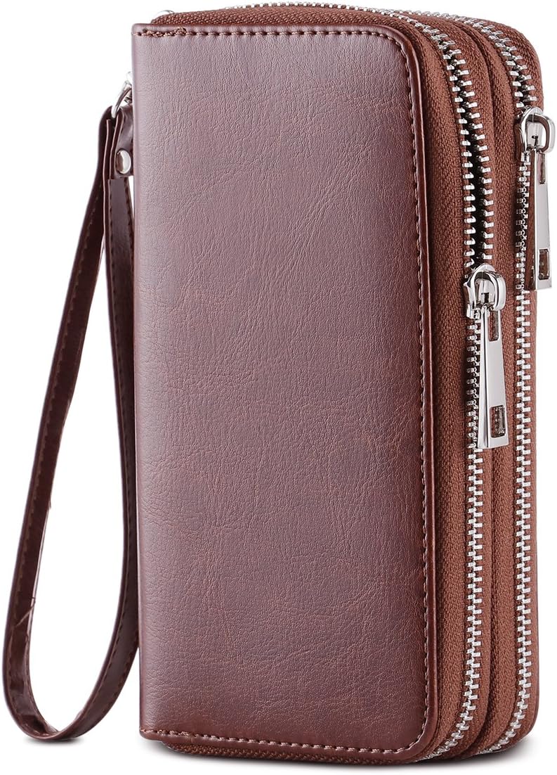 HAWEE Cellphone Wallet for Women Dual Zipper Long Purse with Removable Wristlet