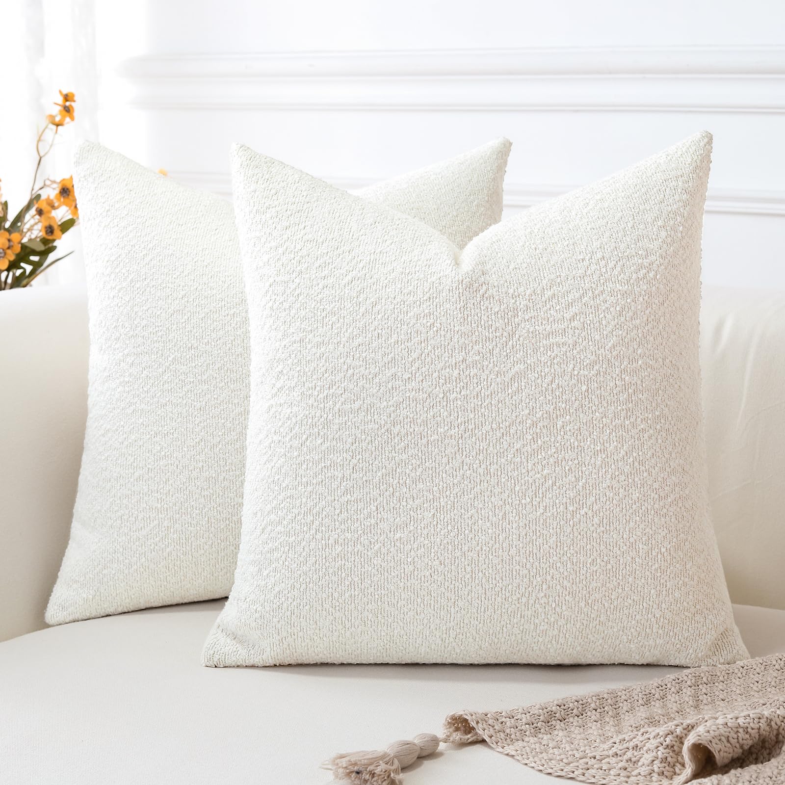 Photo 1 of OTOSTAR Pack of 2 Textured Boucle Throw Pillow Covers Square Pillow Cases Cozy Soft Decorative Couch Cushion Case for Chair Sofa Bedroom Living Room Home Decor 20 x 20 Inch, White