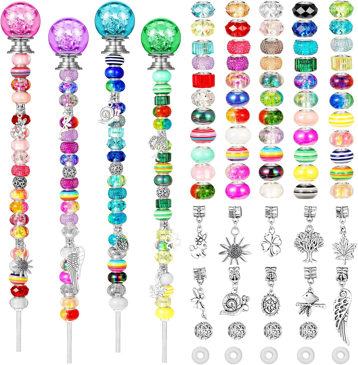 Decorative Garden Stakes - MTLEE Garden Stakes Decorative Beaded Garden Stakes with Crystal Stopper Top Round Glass Bead Antique Silver Bail Bead with Pendant Silver Bead for Outdoor Decoration(Cute Style,107 Pieces)