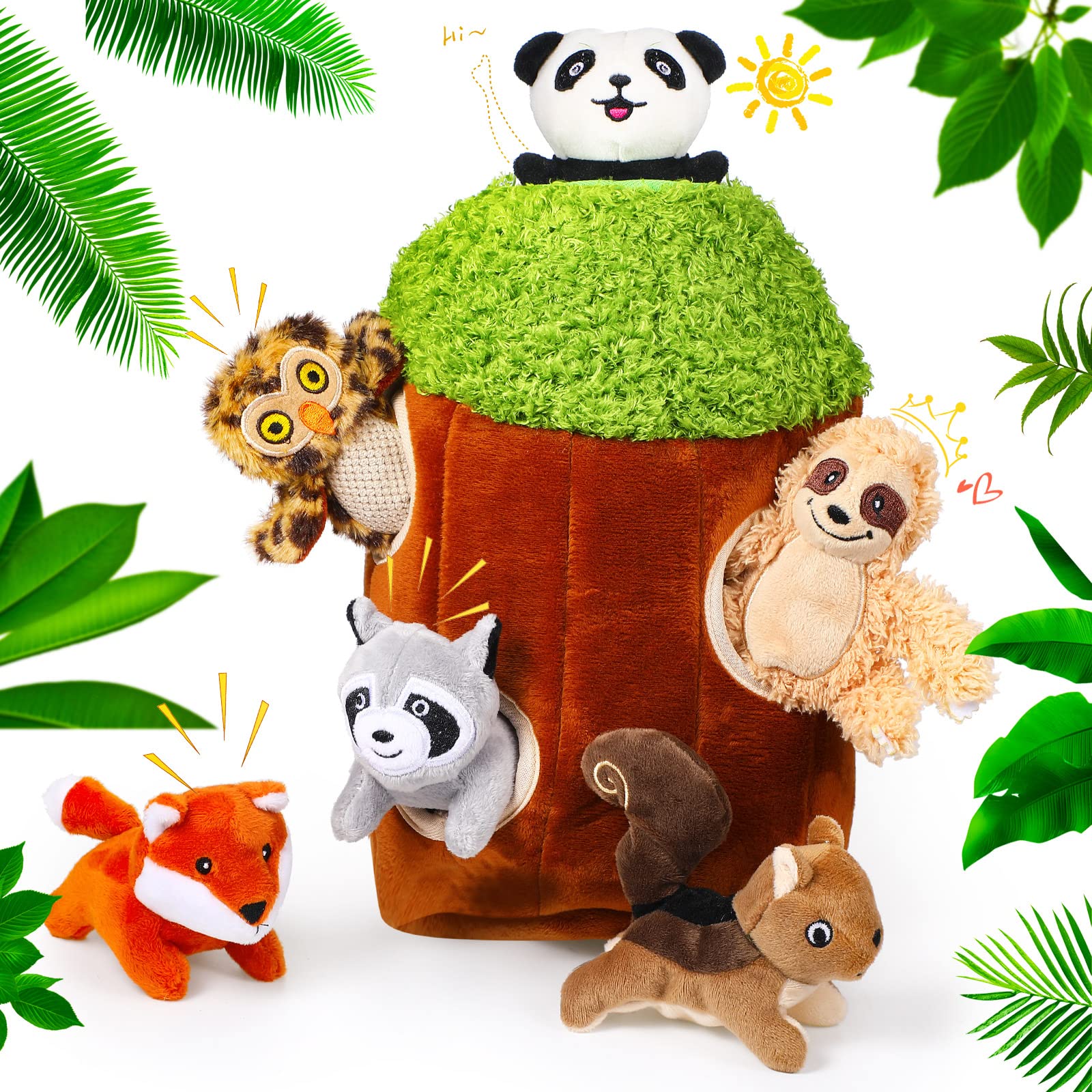 Photo 1 of 7 Pieces Hide and Seek Dog Toys Activity Puppy Chew Squeaky Toys Plush Stuffing Woodland Stuffing Treehouse with Squeakers for Small Medium Dogs Puppy Pets