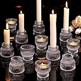 HAVITI 12pcs Clear Taper Candle Holders, Glass Candlestick Holders, Tea Light Candle Holder for Fall Wedding Centerpieces Table Decorations, Votive Candle Holders for Table Decor