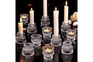HAVITI 12pcs Clear Taper Candle Holders, Glass Candlestick Holders, Tea Light Candle Holder for Fall Wedding Centerpieces Table Decorations, Votive Candle Holders for Table Decor