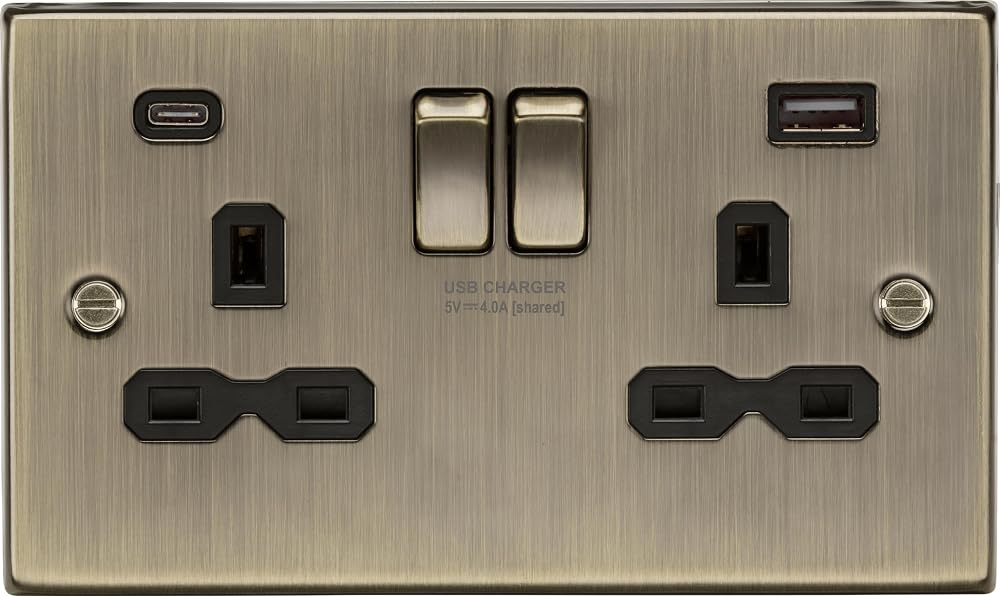 Knightsbridge 13A 2G Switched Socket Dual USB A+C Antique Brass Black Insert