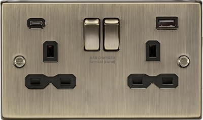 Knightsbridge 13A 2G Switched Socket Dual USB A+C Antique Brass Black Insert