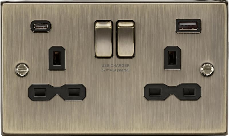 Knightsbridge 13A 2G Switched Socket Dual USB A+C Antique Brass Black Insert