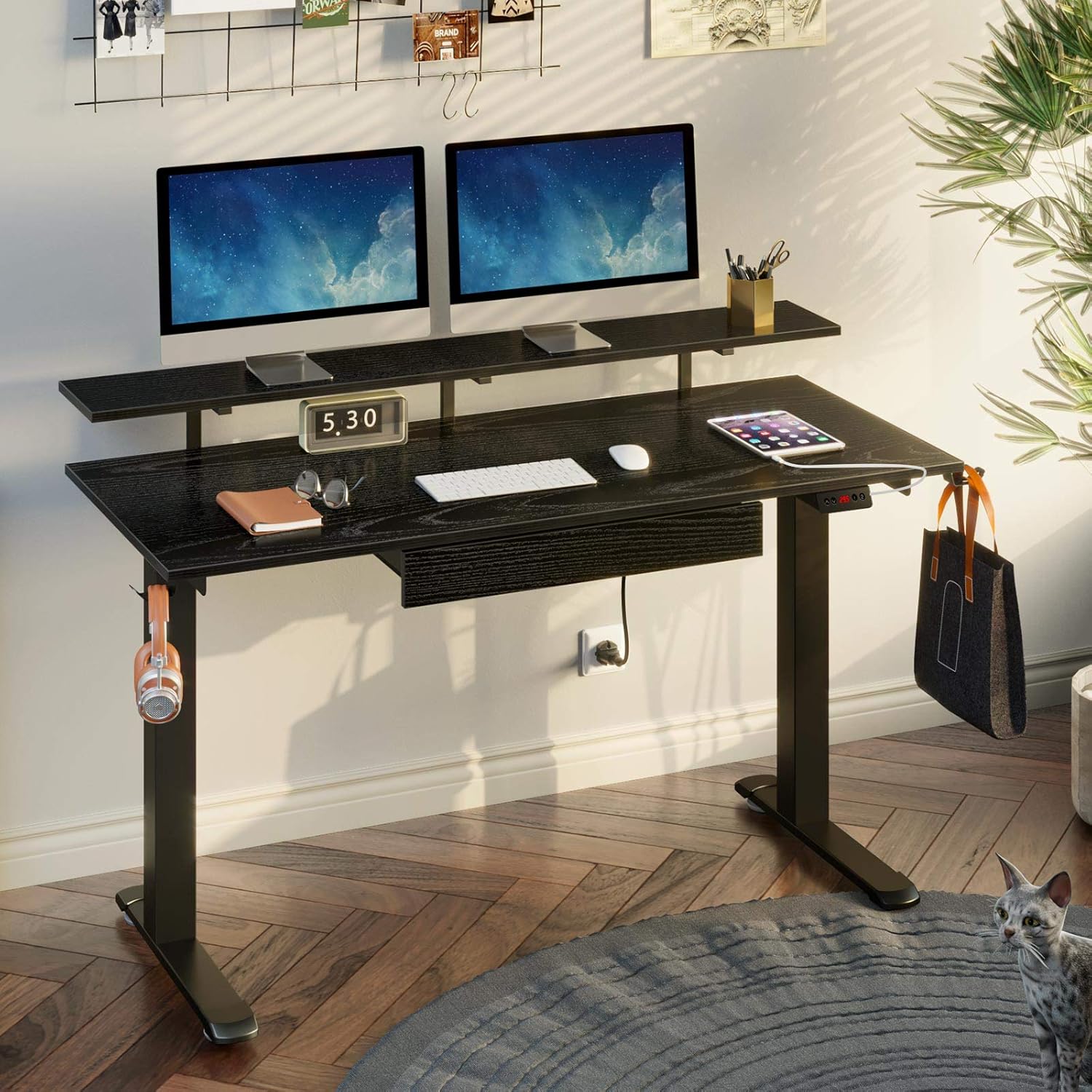 Rolanstar Standing Desk Dual Motor with USB Charging Ports, 55" Adjustable Height Desk with Drawer and Monitor Shelf, Electric Standing Desk with Double Headphone Hook, Black: Furniture & Decor