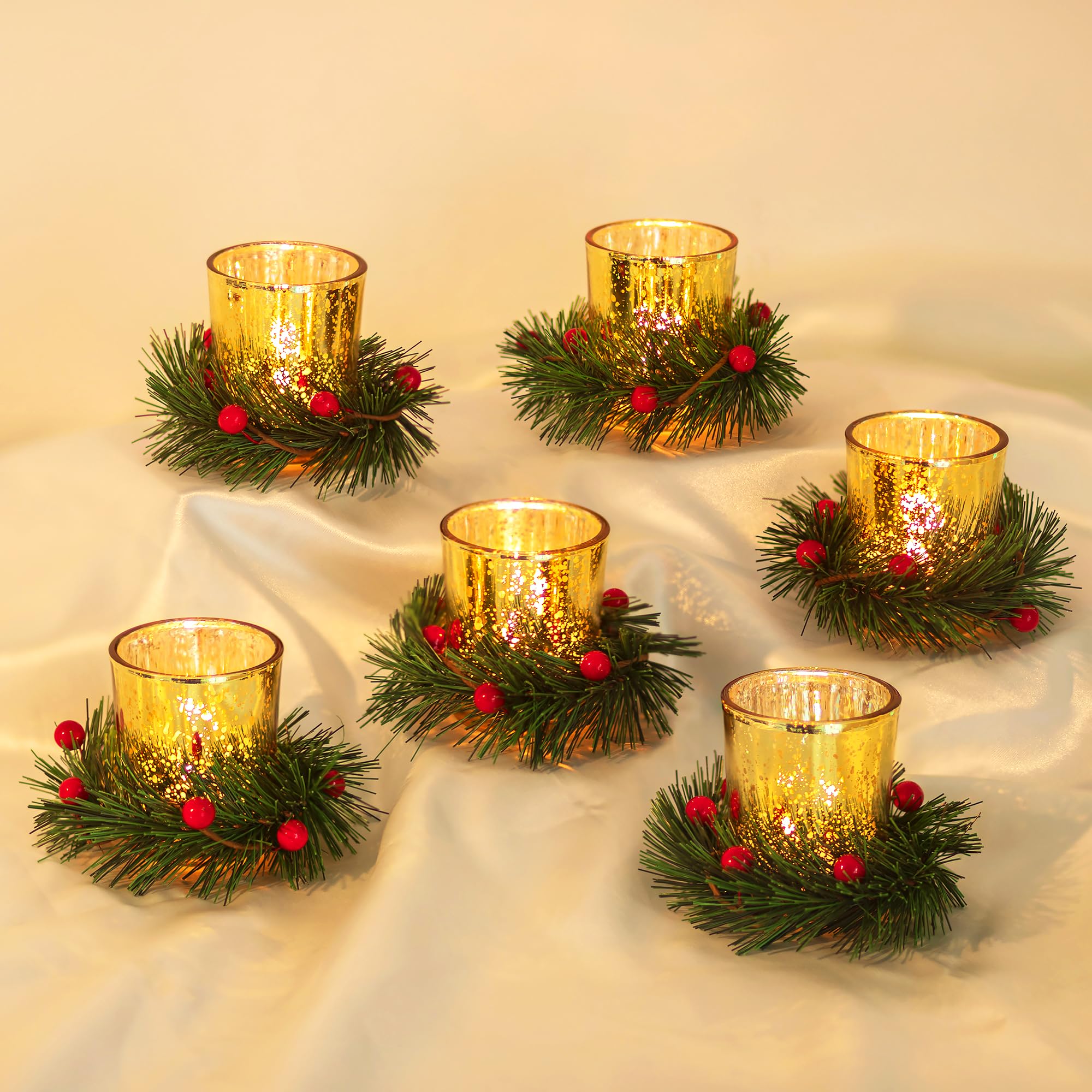 Christmas Table Decorations Candle Holders: Hewory 6 Pcs Christmas Tea Light Holders with Wreath Ring Red Berries for Xmas Centrepiece Indoor Ornaments