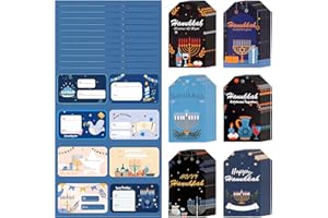 Qpout 12 Sheets Hanukkah Self-Adhesive Gift Tag Labels with 60PCS Hanukkah Gift Tags with Ribbon for Hanukkah Party Favor Dec