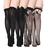 Fourluoo 4 Pairs Women Lace Thigh High Stockings with Bow Fishnet Knee High Socks for Spring Summer