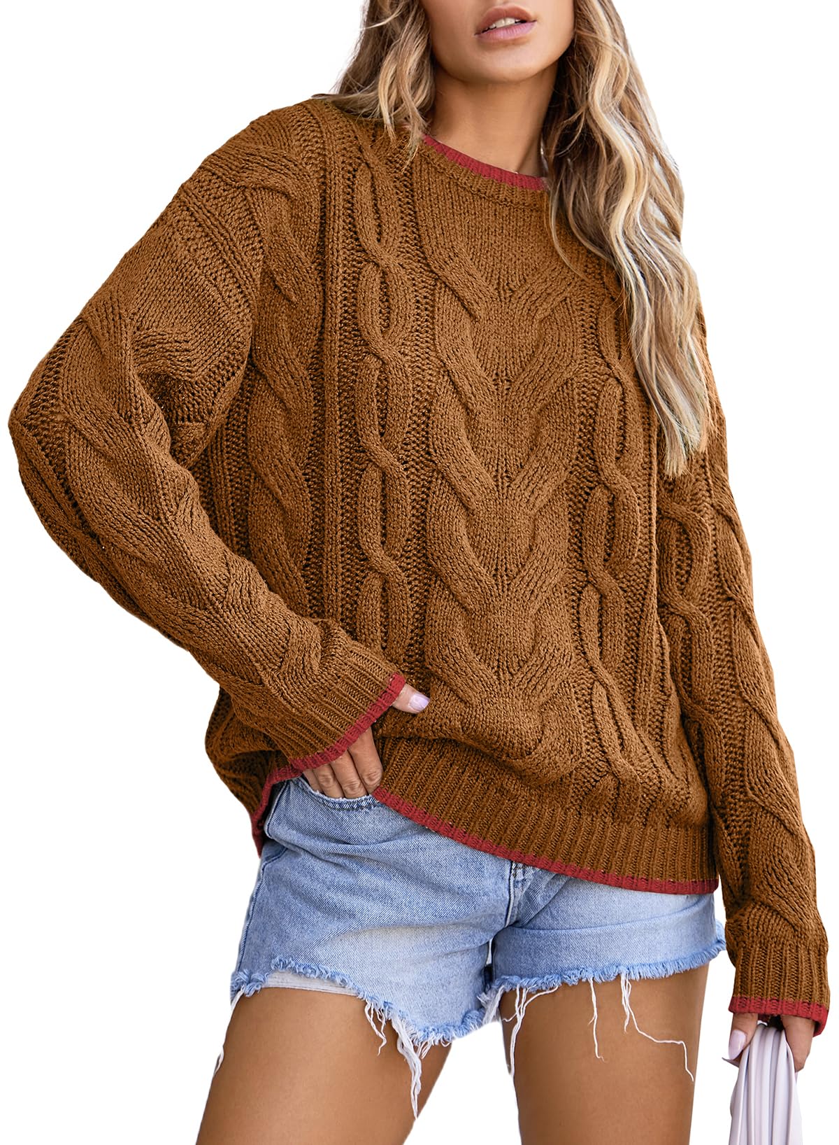 Photo 1 of EVALESS Oversized Sweaters for Women Trendy Crewneck Long Sleeve Color Block Sweater Tops Womens Casual Fall 2024 Chunky Cable Knit Pullover Sweaters Comfy Warm Loose Fit Clothes Brown XX-Large