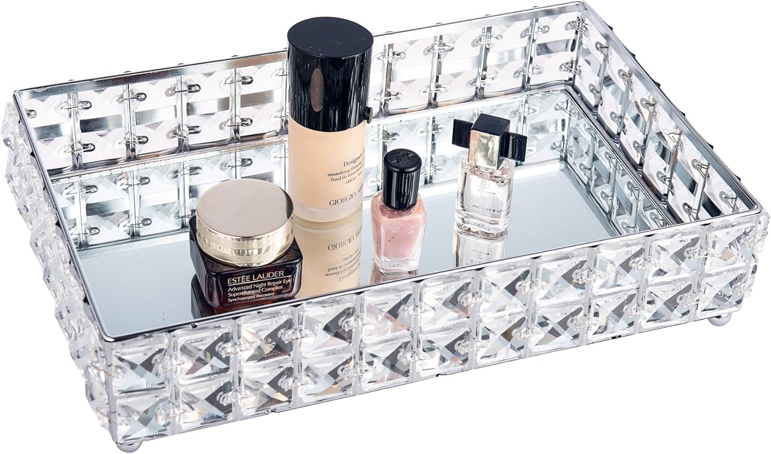 Feyarl Mirrored Crystal Vanity Makeup Tray Large Storage Ornate Jewelry Trinket Tray Bling Cosmetic Perfume Bottle Tray Decorative Skin Care Tray Home Deco Dresser Organizer Tray (Silver)