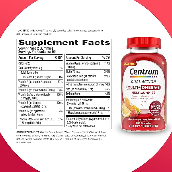 CENTRUM MULTIGUMMIES MULTI+ OMEGA 3 DUAL ACTION, ADULT MULTIVITAMIN, MULTIVITAMIN/MULTIMINERAL/OMEGA 3 SUPPLEMENT, STRAWBERRY/LEMON/ORANGE FLAVORS – 110 COUNT
